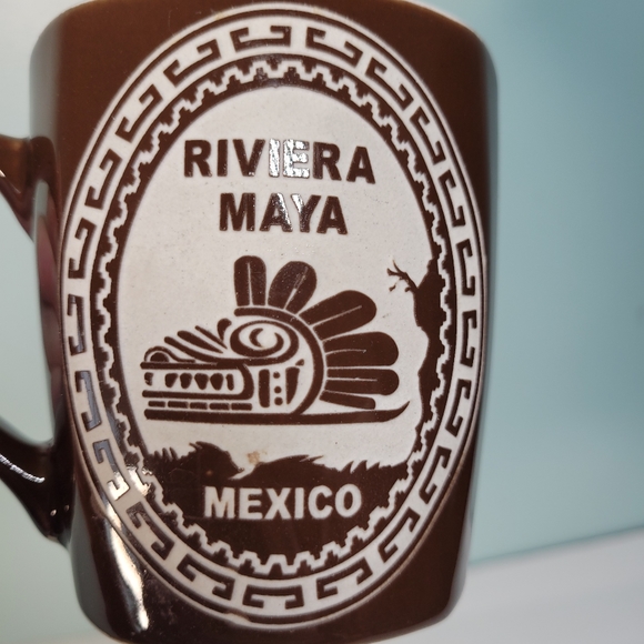 Riviera Maya Mexico Mug Etched Fethered Serpent Quetzalcoatl Kukulkan Brown - Picture 2 of 11